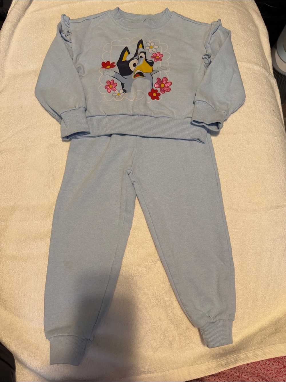 Girls Light Blue Sweatshirt & Joggers Set with Floral Puppy Graphic